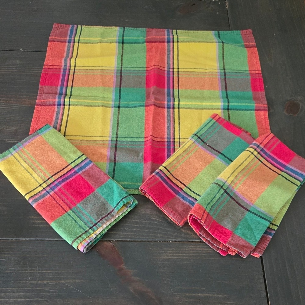 Set of 4 Vintage Madras Plaid Cotton Cloth Dinner Napkins 16x16 Multicolor